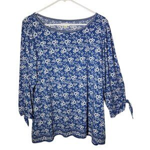 Max Studio Blue White Floral 3/4-Sleeve Pullover‎ Boat Neck Top Stretchy 1X